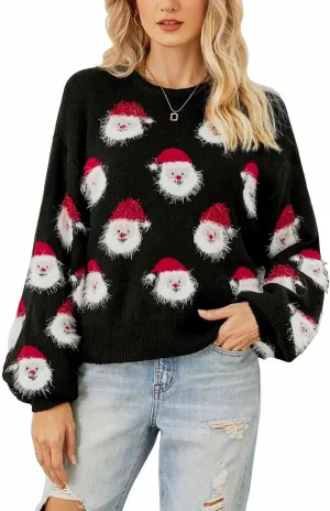 Gihuo Women's Ugly Christmas Sweater Cute Santa Funny Xmas Holiday Knitted Pullover Crewneck Long Sleeve Sweater Tops