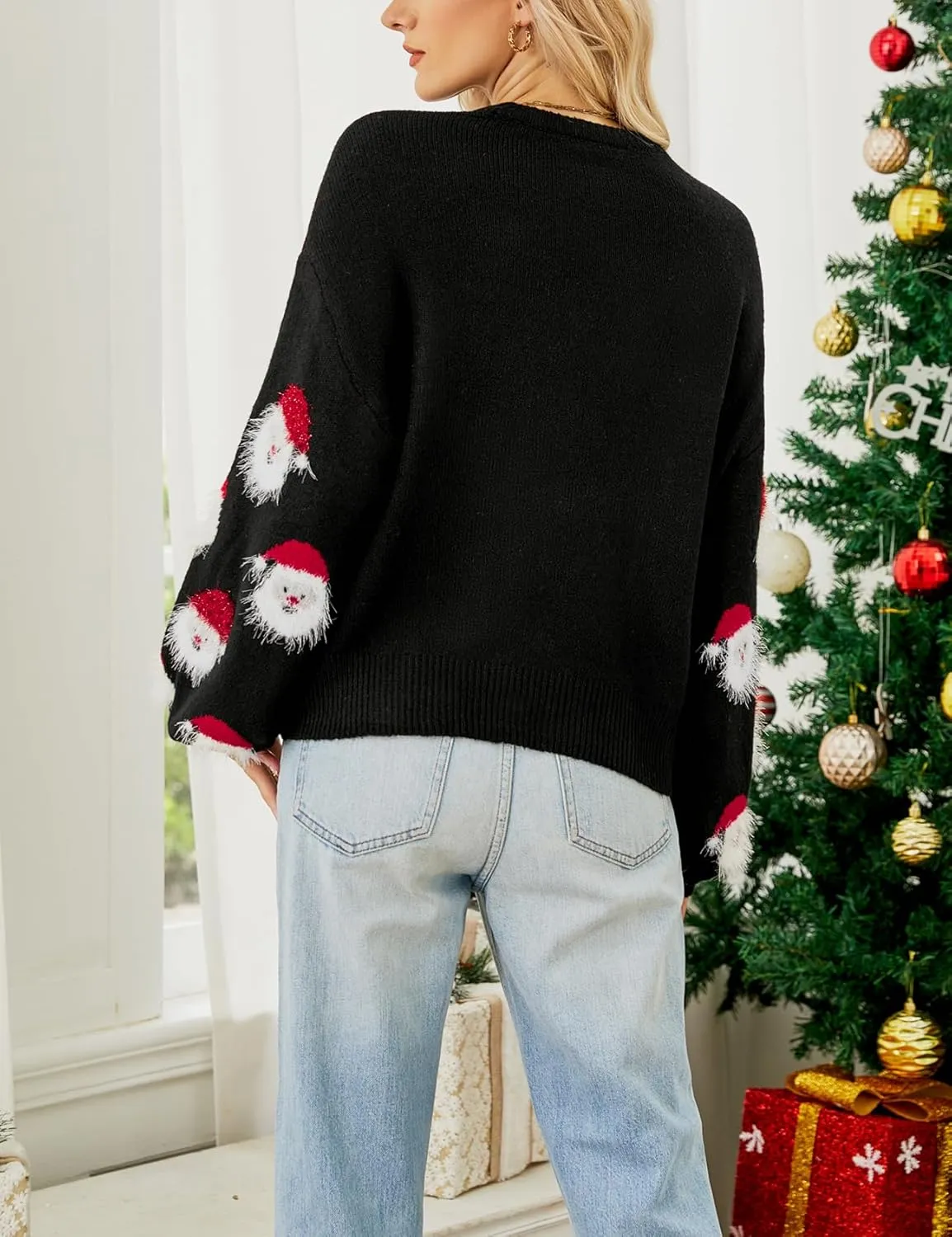 Gihuo Women's Ugly Christmas Sweater Cute Santa Funny Xmas Holiday Knitted Pullover Crewneck Long Sleeve Sweater Tops