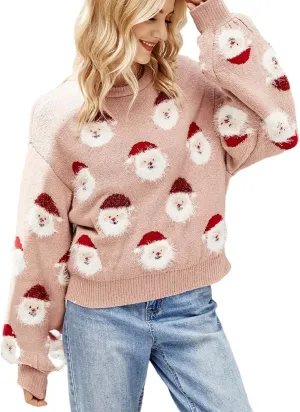Gihuo Women's Ugly Christmas Sweater Cute Santa Funny Xmas Holiday Knitted Pullover Crewneck Long Sleeve Sweater Tops
