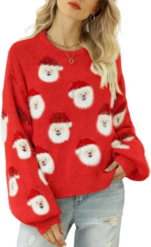 Gihuo Women's Ugly Christmas Sweater Cute Santa Funny Xmas Holiday Knitted Pullover Crewneck Long Sleeve Sweater Tops