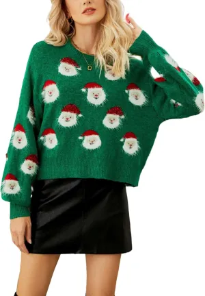 Gihuo Women's Ugly Christmas Sweater Cute Santa Funny Xmas Holiday Knitted Pullover Crewneck Long Sleeve Sweater Tops