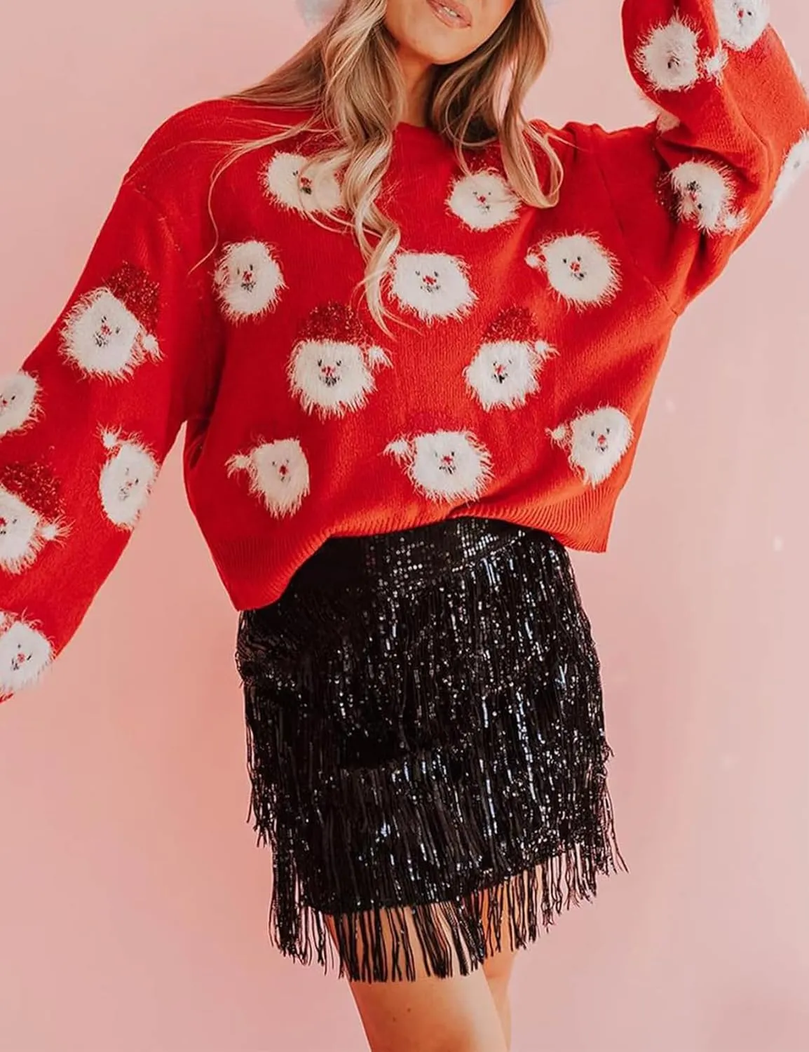 Gihuo Women's Ugly Christmas Sweater Cute Santa Funny Xmas Holiday Knitted Pullover Crewneck Long Sleeve Sweater Tops