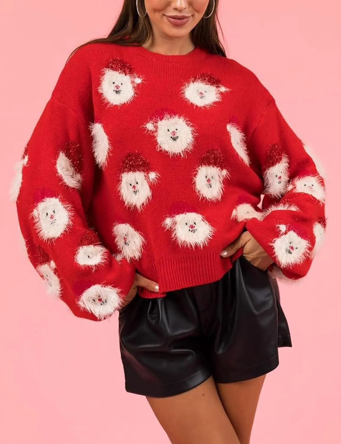 Gihuo Women's Ugly Christmas Sweater Cute Santa Funny Xmas Holiday Knitted Pullover Crewneck Long Sleeve Sweater Tops