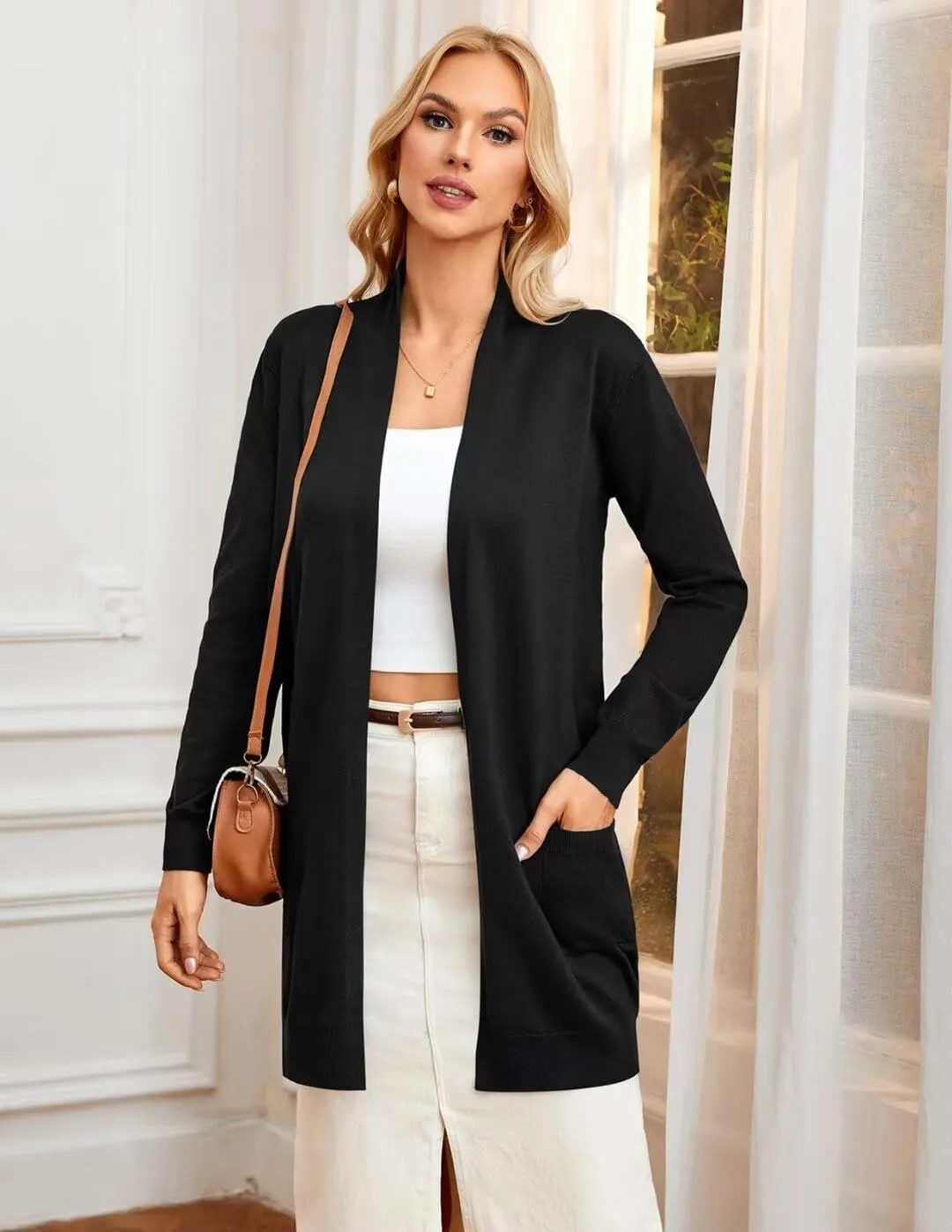 GRACE KARIN Essential Solid Open Front Long Knited Cardigan Sweater for Women