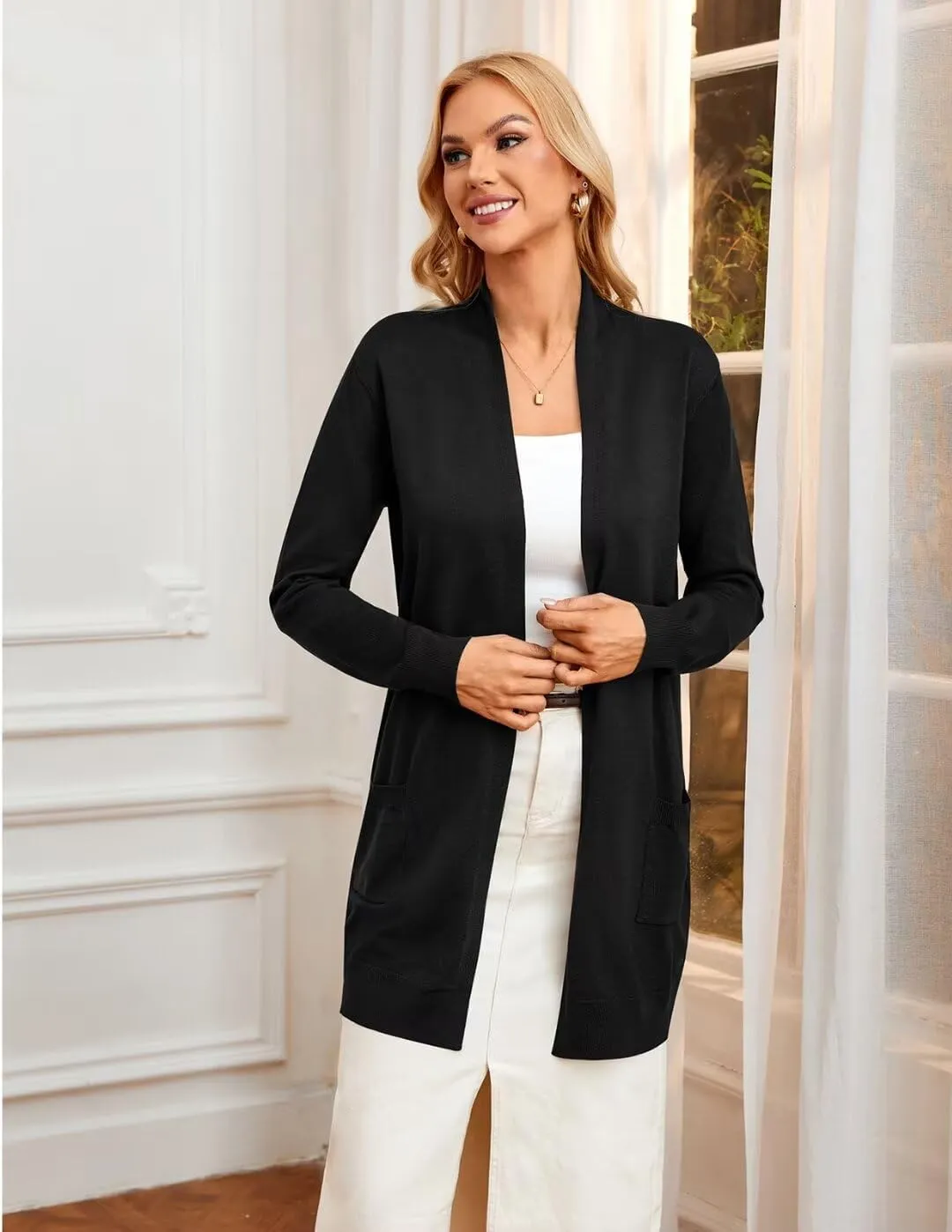 GRACE KARIN Essential Solid Open Front Long Knited Cardigan Sweater for Women