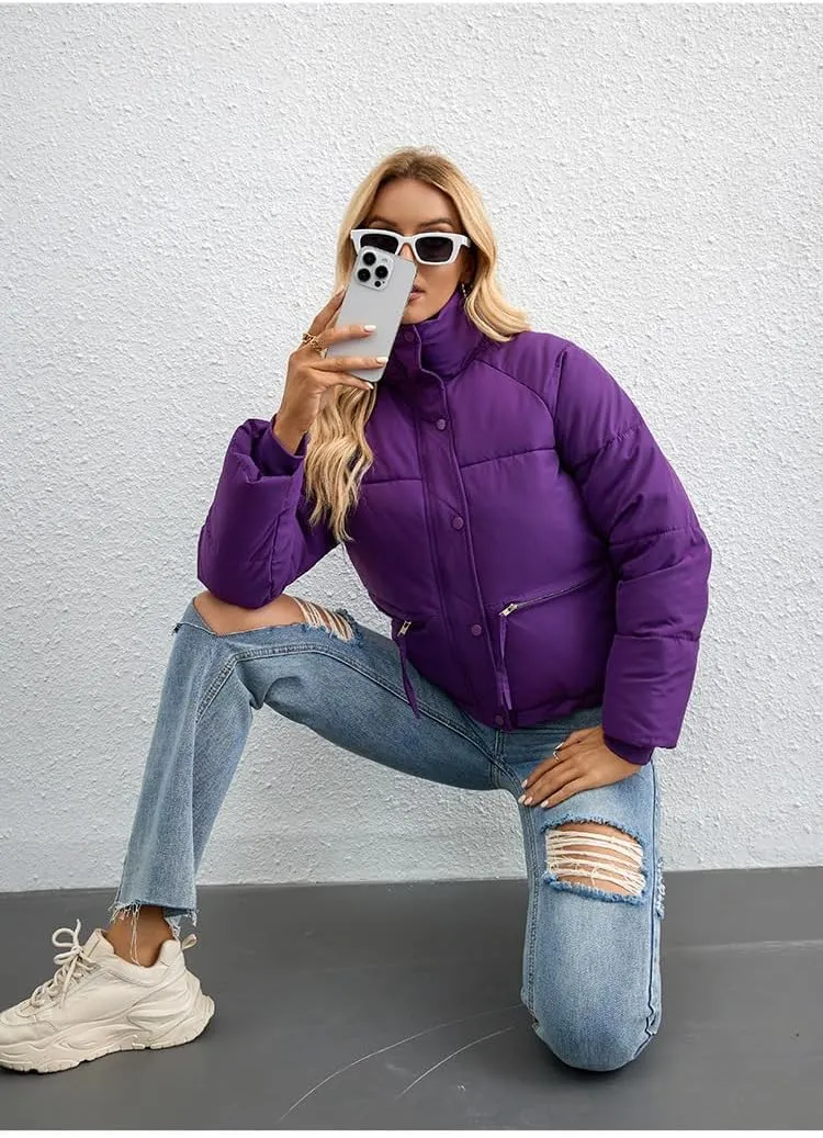 heyheyshine Women's Puffer Jacket Quilted Puffer Button Zip Puffer Jacket Cropped Winter Down Coat with Pocket