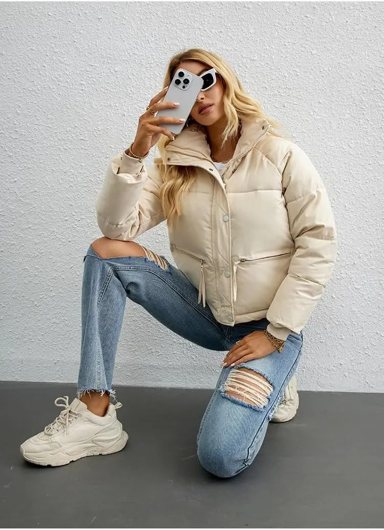 heyheyshine Women's Puffer Jacket Quilted Puffer Button Zip Puffer Jacket Cropped Winter Down Coat with Pocket