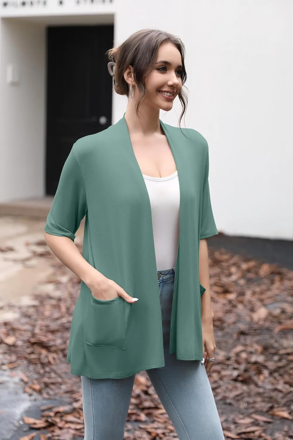 HIYIYEZI Women's Short Sleeve Open Front Cardigan Casual Loose Lightweight Cardigans with Pockets