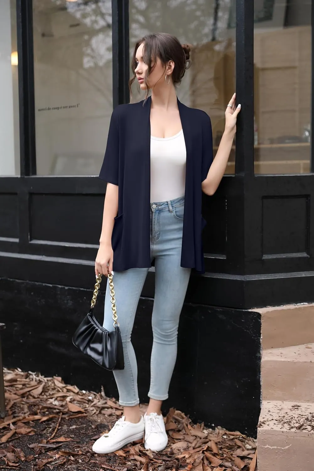 HIYIYEZI Women's Short Sleeve Open Front Cardigan Casual Loose Lightweight Cardigans with Pockets