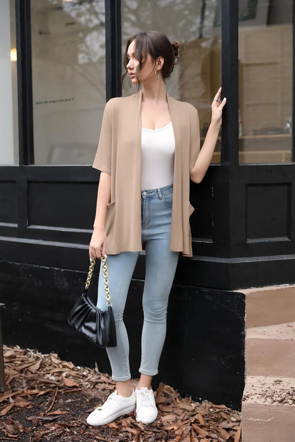 HIYIYEZI Women's Short Sleeve Open Front Cardigan Casual Loose Lightweight Cardigans with Pockets