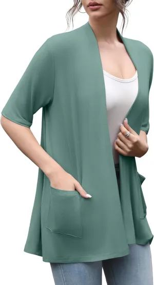 HIYIYEZI Women's Short Sleeve Open Front Cardigan Casual Loose Lightweight Cardigans with Pockets