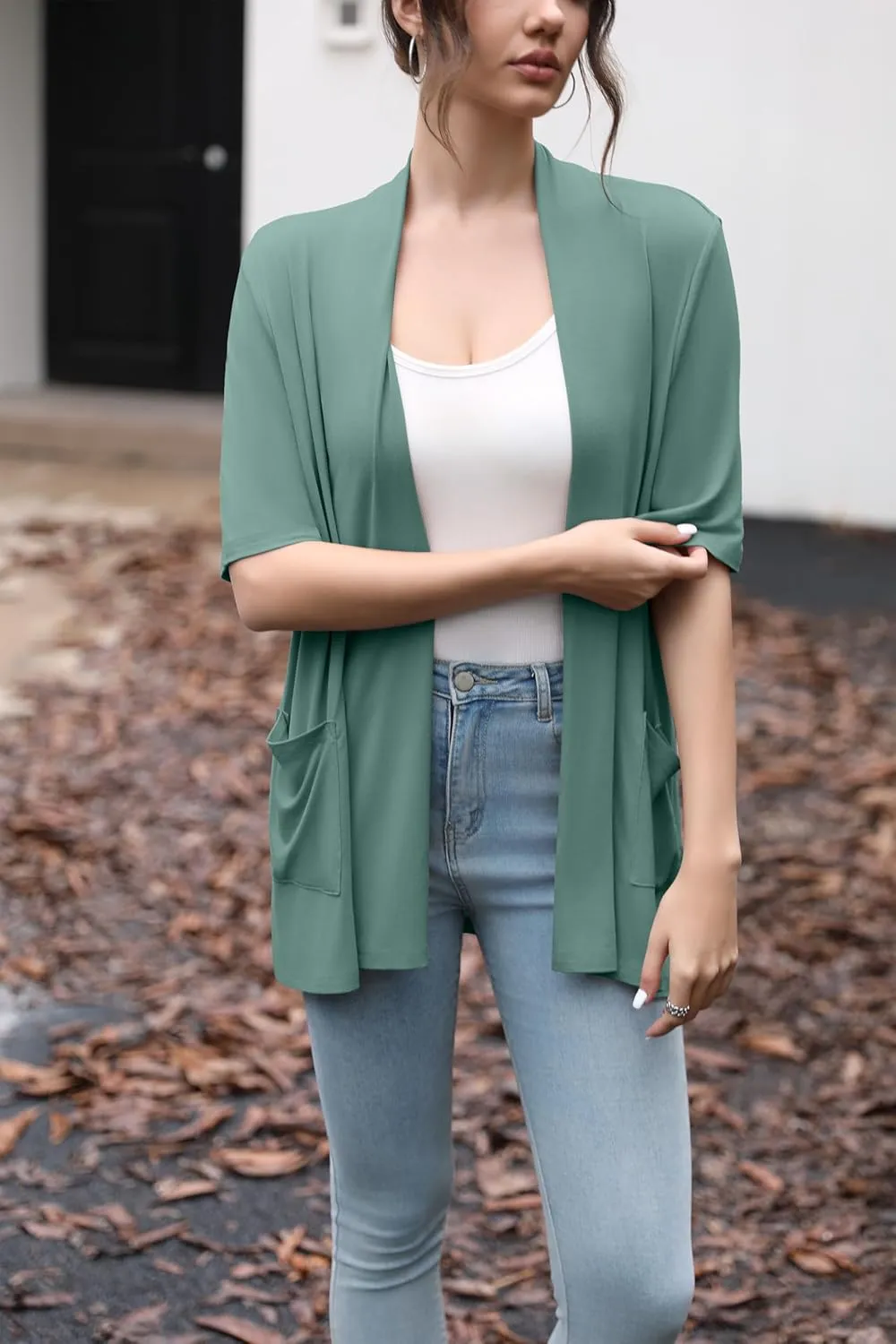 HIYIYEZI Women's Short Sleeve Open Front Cardigan Casual Loose Lightweight Cardigans with Pockets