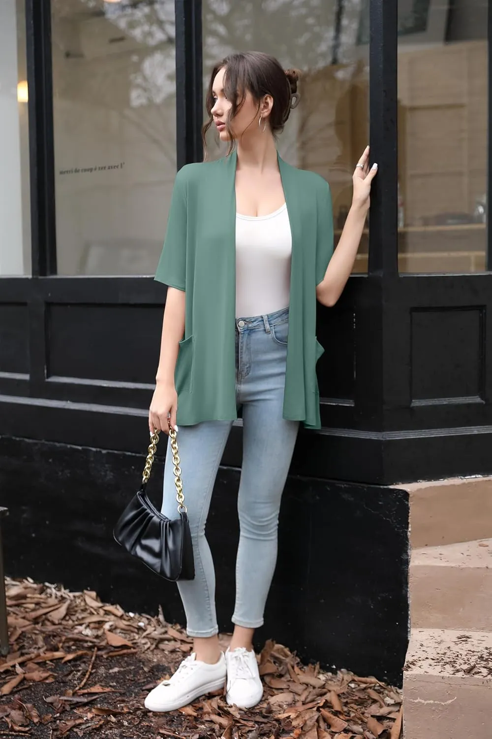 HIYIYEZI Women's Short Sleeve Open Front Cardigan Casual Loose Lightweight Cardigans with Pockets