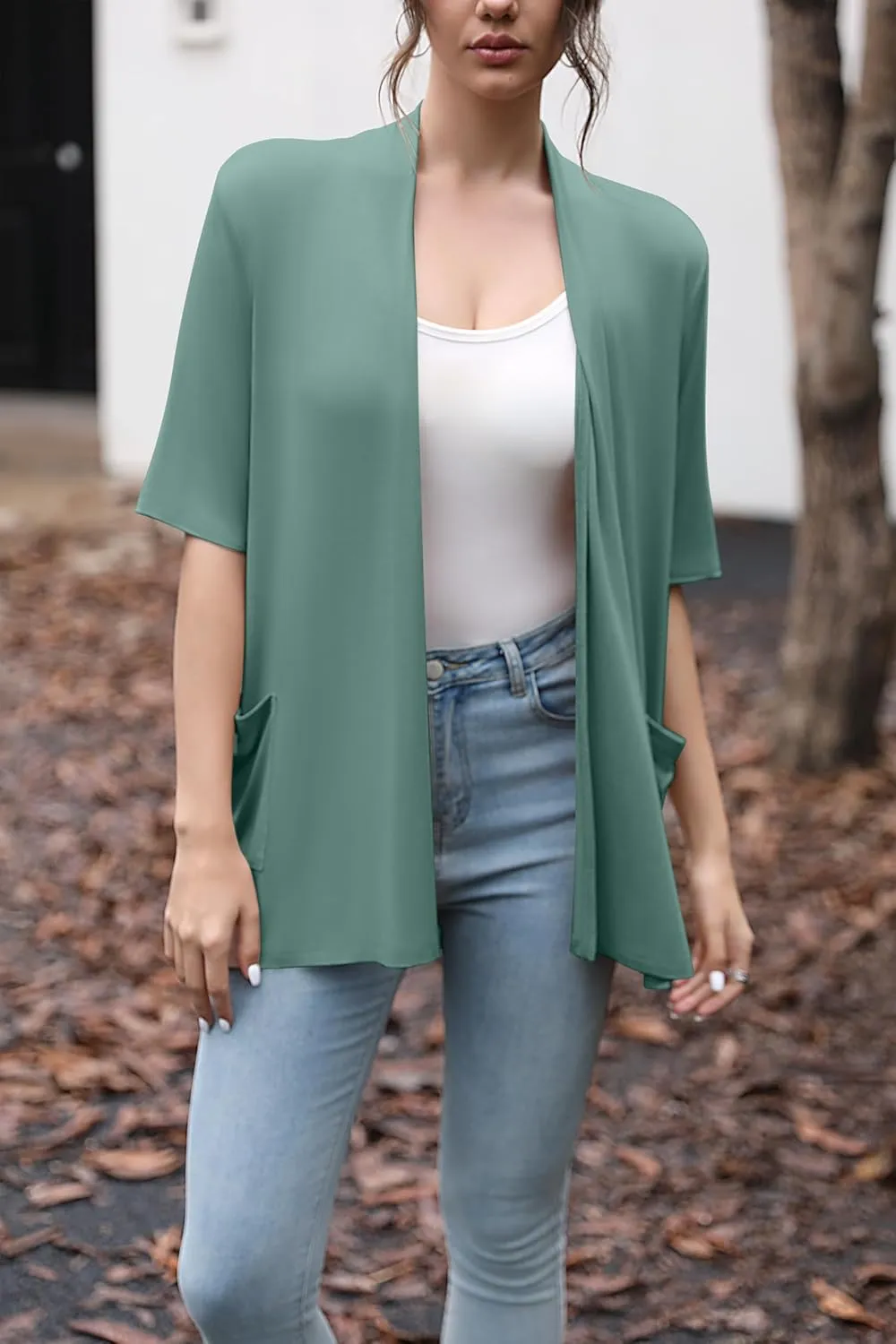 HIYIYEZI Women's Short Sleeve Open Front Cardigan Casual Loose Lightweight Cardigans with Pockets