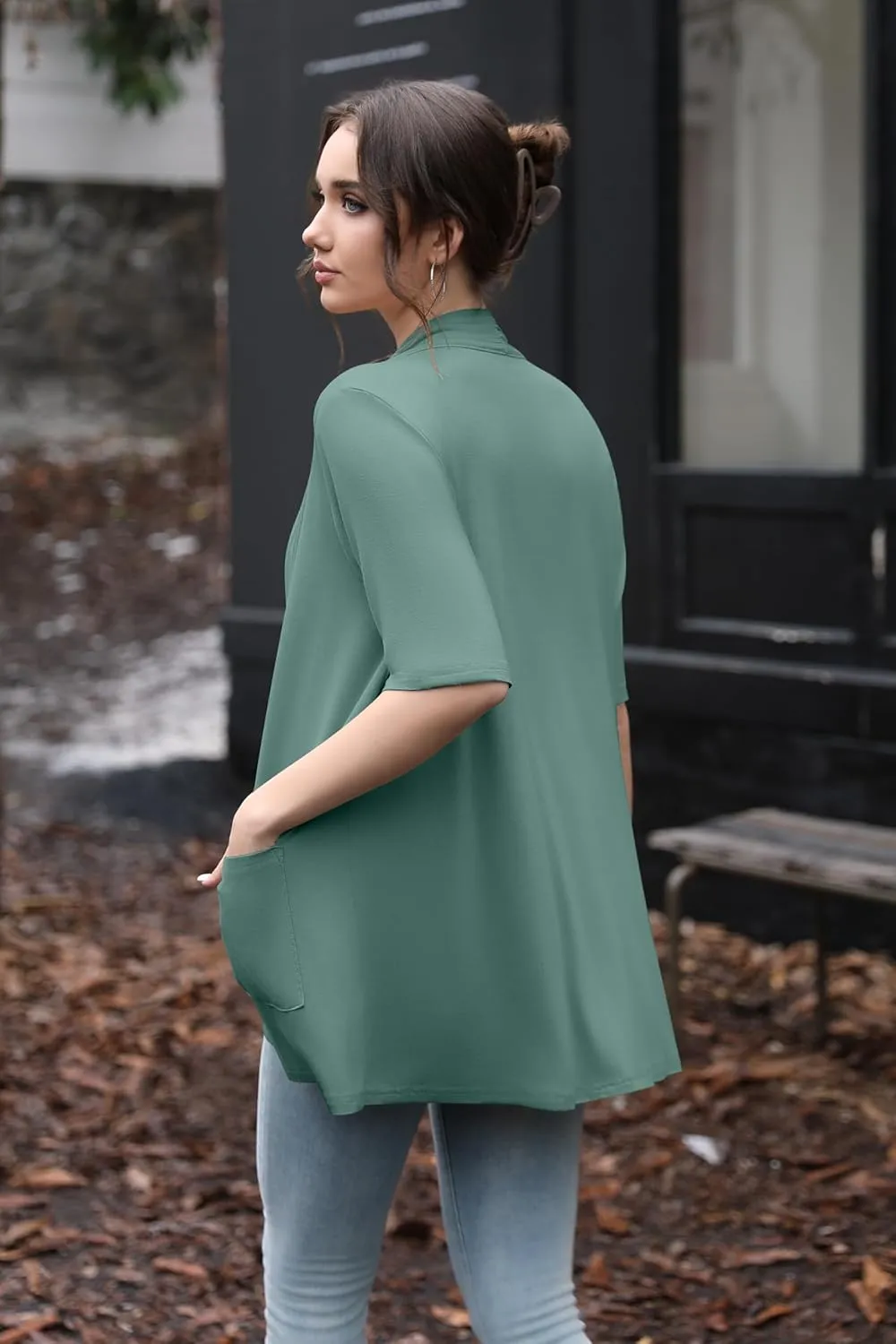HIYIYEZI Women's Short Sleeve Open Front Cardigan Casual Loose Lightweight Cardigans with Pockets