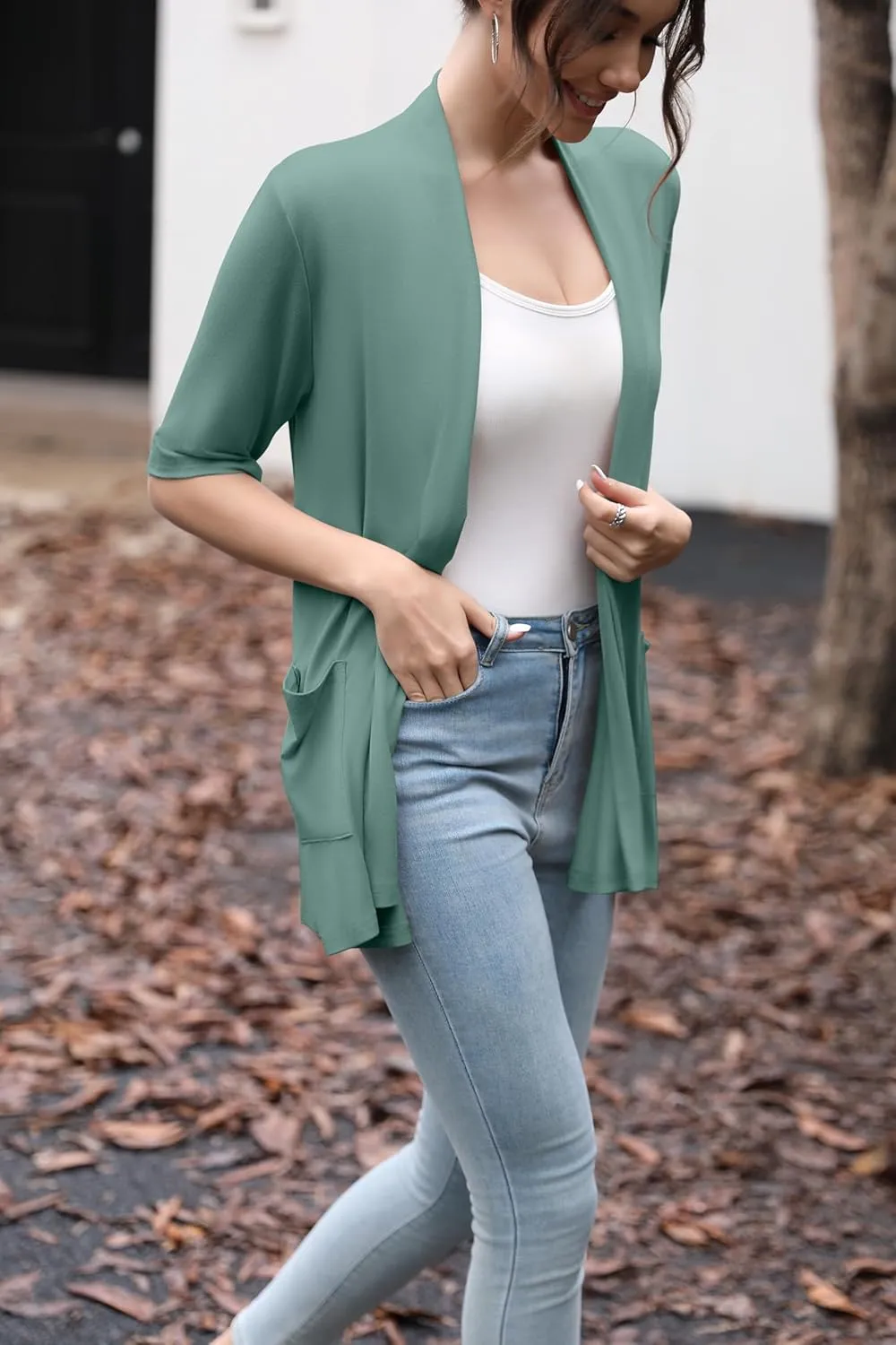 HIYIYEZI Women's Short Sleeve Open Front Cardigan Casual Loose Lightweight Cardigans with Pockets