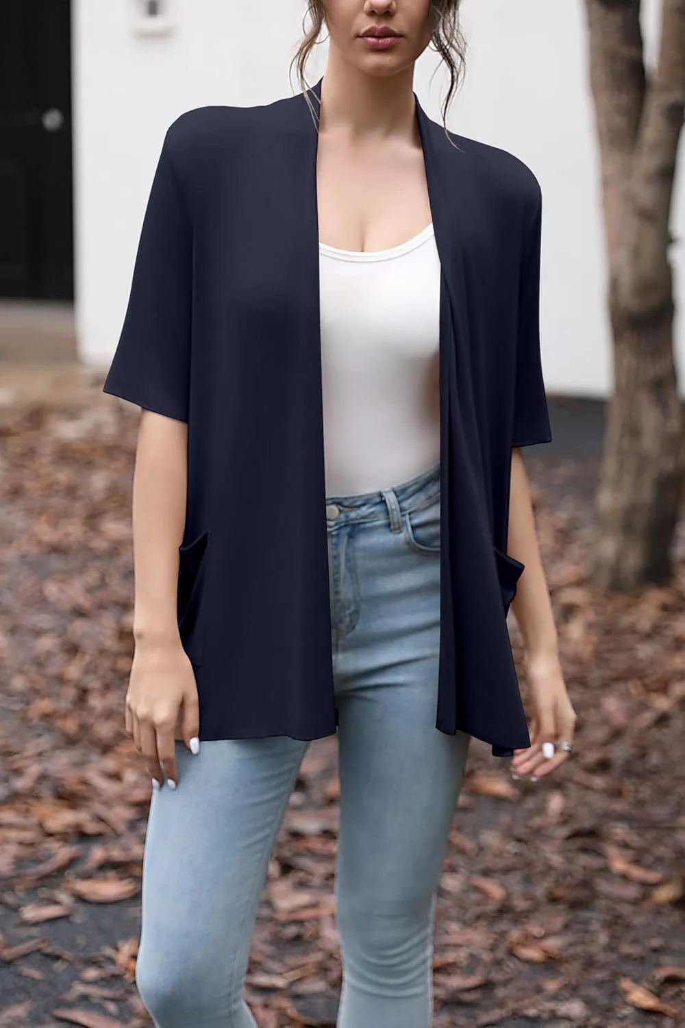 HIYIYEZI Women's Short Sleeve Open Front Cardigan Casual Loose Lightweight Cardigans with Pockets
