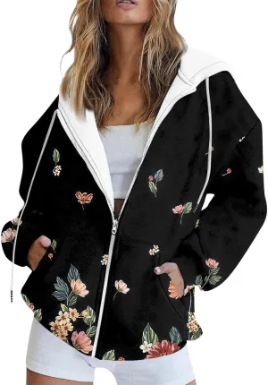 Hoodies for Women Zip Up Long Sleeve Sweatshirts Fleece Y2k Oversized Jackets Fashion Drawstring Hoodies Outfits