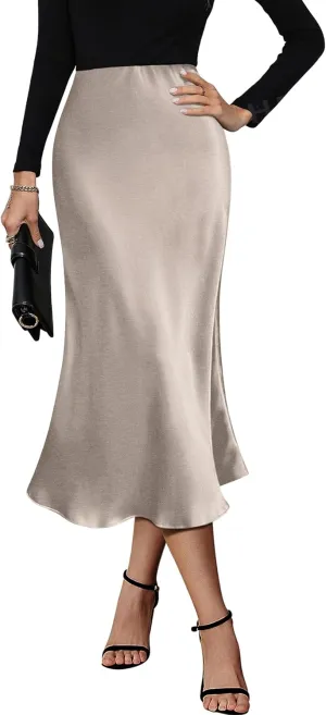 HOTOUCH Womens Midi Skirt High Waisted Solid Satin Dress Zipper Elegant Work Skirts