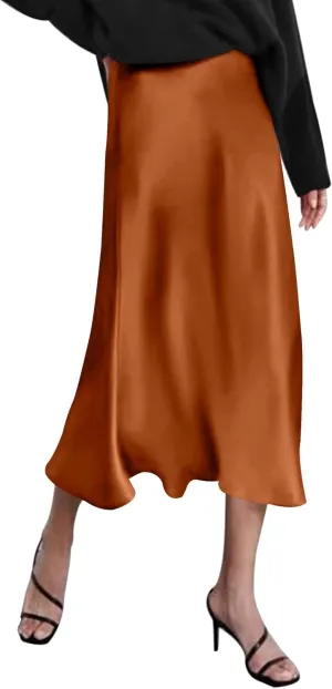HOTOUCH Womens Midi Skirt High Waisted Solid Satin Dress Zipper Elegant Work Skirts