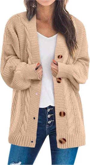 iLH Cardigan Sweaters for Women Chunky Cable Knit Sweater Open Front Crochet Outwear Coats Button down Fall Jackets