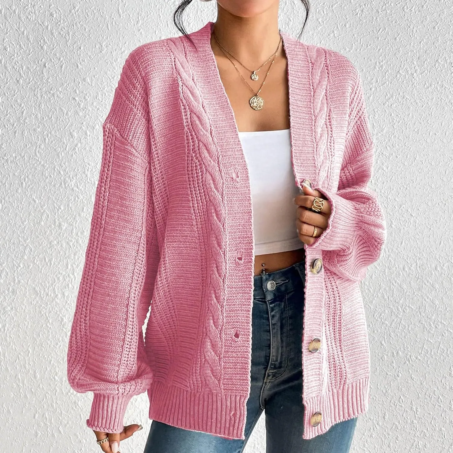 iLH Cardigan Sweaters for Women Open Front Cable Knit Sweater Chunky Crochet Outwear Coats Button down Fall Jackets