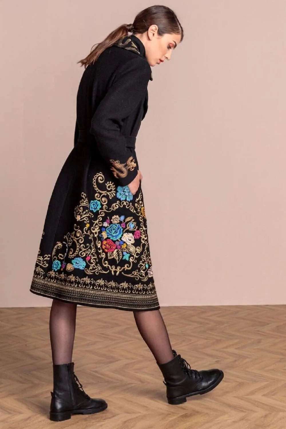 IVKO Boiled Wool Coat with Embroidery in Black Extra Fine Merino Wool with Jade Lining Overcoat Removable Belt Pea Coat