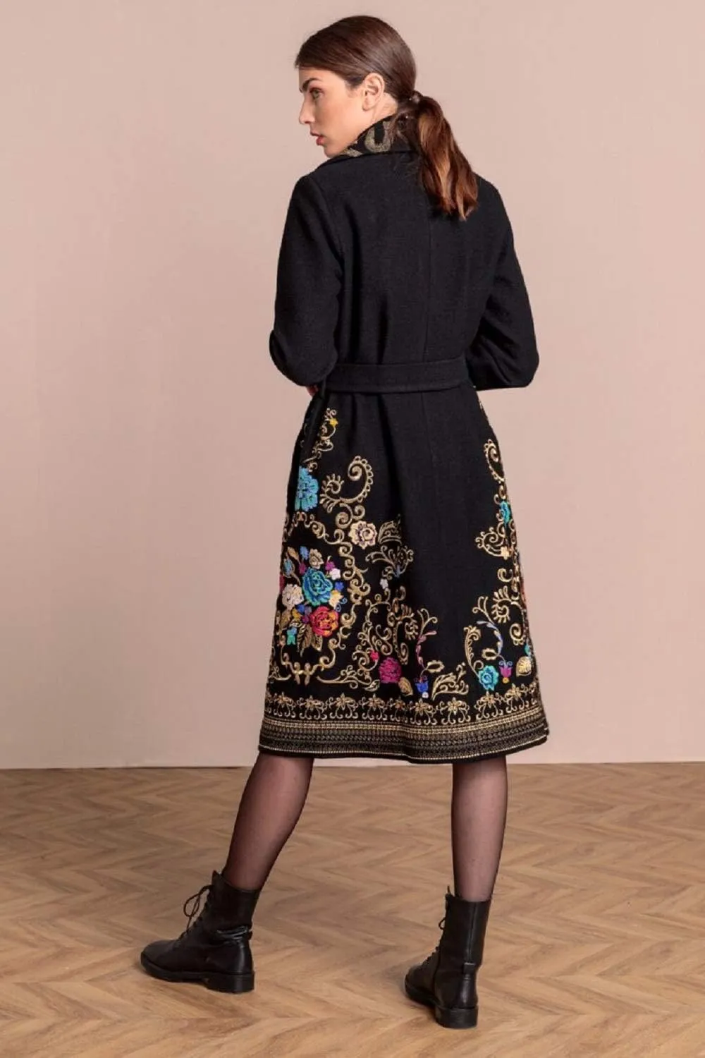 IVKO Boiled Wool Coat with Embroidery in Black Extra Fine Merino Wool with Jade Lining Overcoat Removable Belt Pea Coat