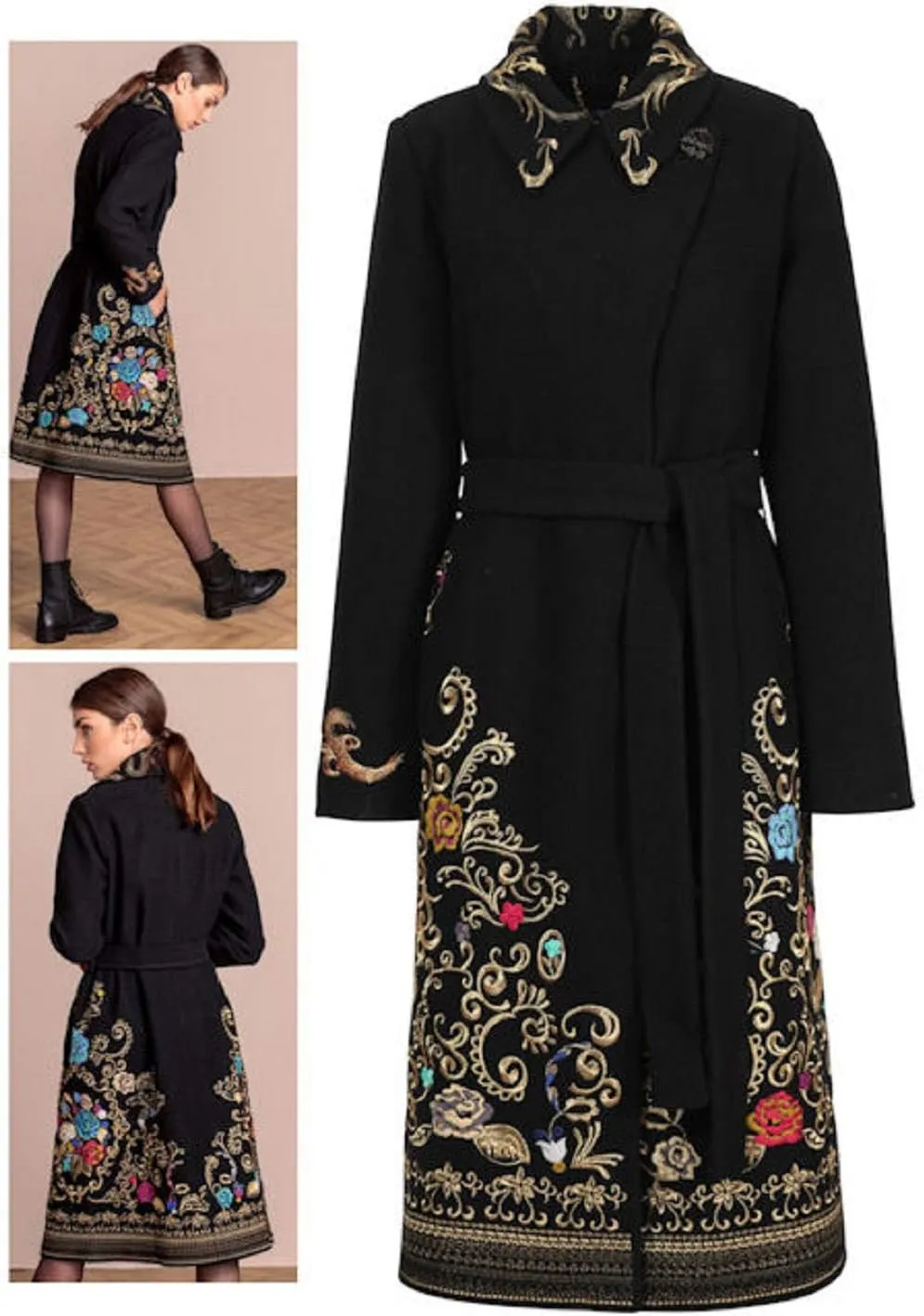 IVKO Boiled Wool Coat with Embroidery in Black Extra Fine Merino Wool with Jade Lining Overcoat Removable Belt Pea Coat