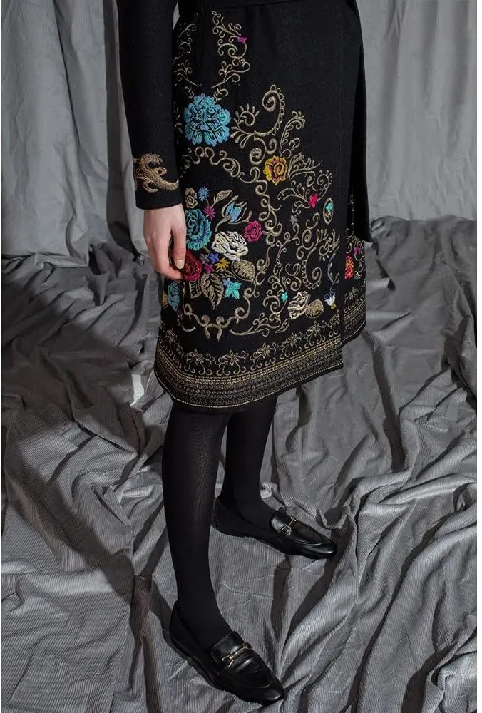IVKO Boiled Wool Coat with Embroidery in Black Extra Fine Merino Wool with Jade Lining Overcoat Removable Belt Pea Coat
