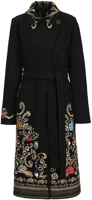 IVKO Boiled Wool Coat with Embroidery in Black Extra Fine Merino Wool with Jade Lining Overcoat Removable Belt Pea Coat
