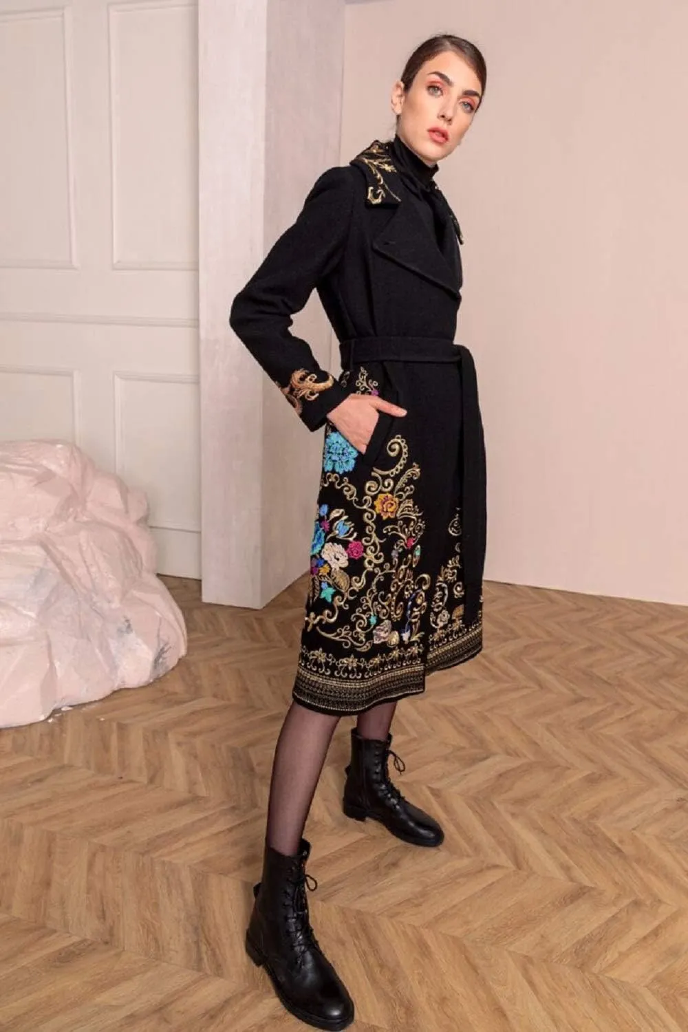 IVKO Boiled Wool Coat with Embroidery in Black Extra Fine Merino Wool with Jade Lining Overcoat Removable Belt Pea Coat