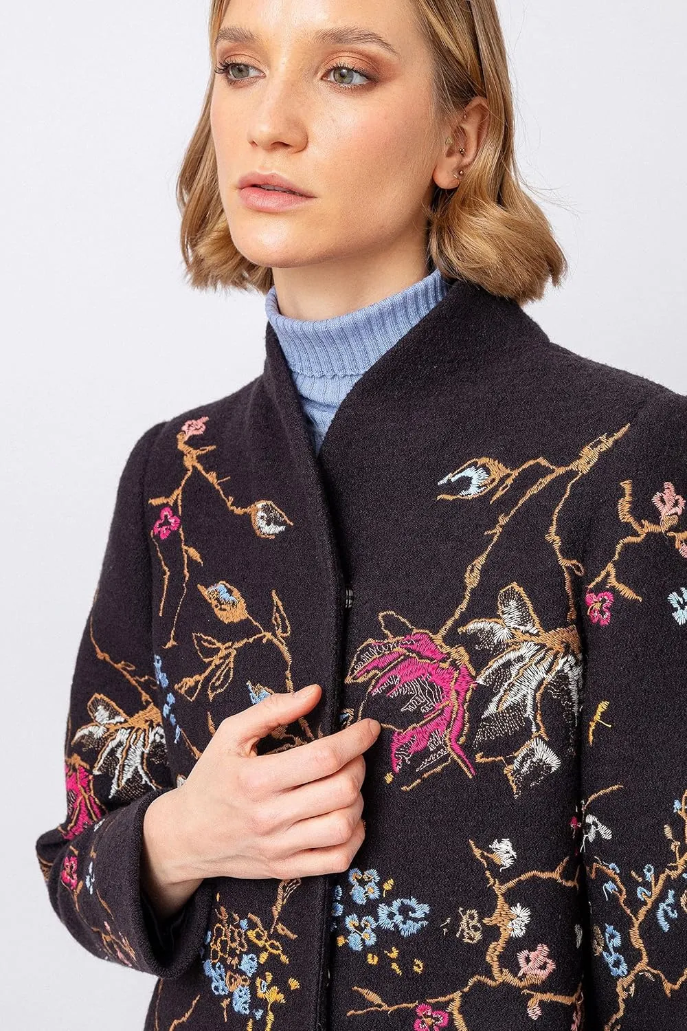 IVKO Boiled Wool Japanese Cherry Blossom Floral Embroidery Coat in Black Extrafine Merino Wool Winter Jacket Peacoat Trench