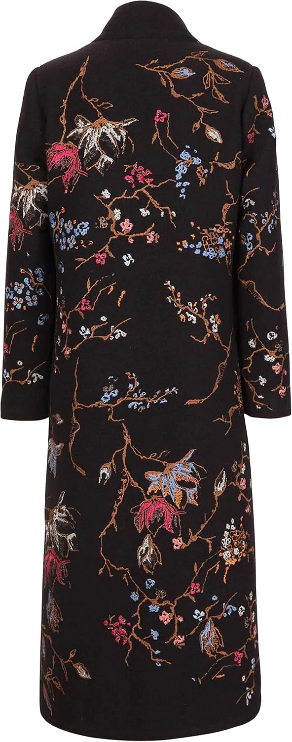 IVKO Boiled Wool Japanese Cherry Blossom Floral Embroidery Coat in Black Extrafine Merino Wool Winter Jacket Peacoat Trench
