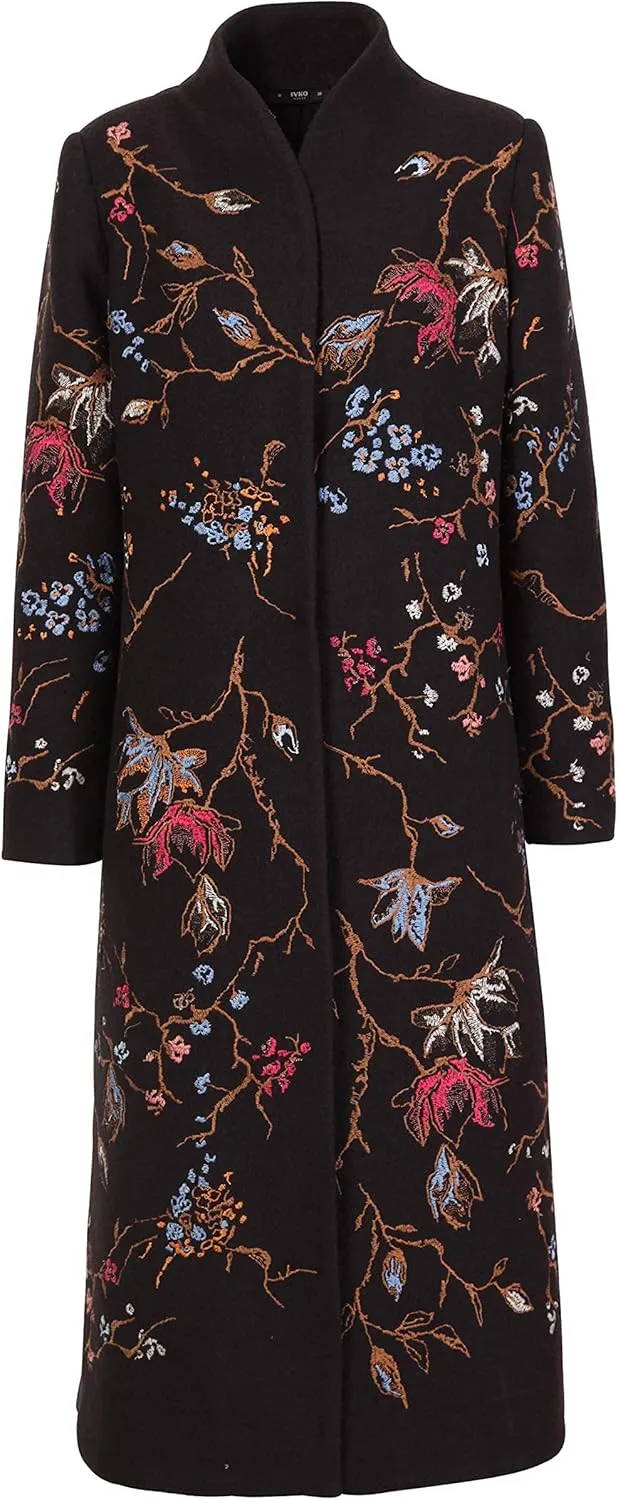 IVKO Boiled Wool Japanese Cherry Blossom Floral Embroidery Coat in Black Extrafine Merino Wool Winter Jacket Peacoat Trench