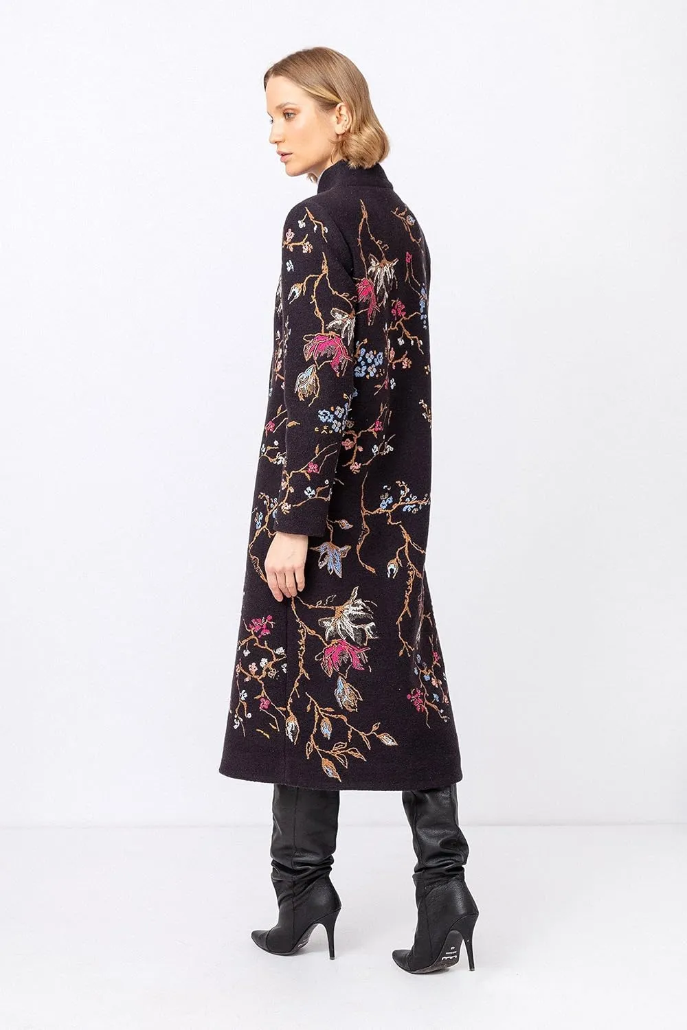 IVKO Boiled Wool Japanese Cherry Blossom Floral Embroidery Coat in Black Extrafine Merino Wool Winter Jacket Peacoat Trench