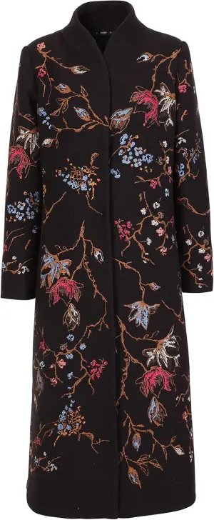 IVKO Boiled Wool Japanese Cherry Blossom Floral Embroidery Coat in Black Extrafine Merino Wool Winter Jacket Peacoat Trench