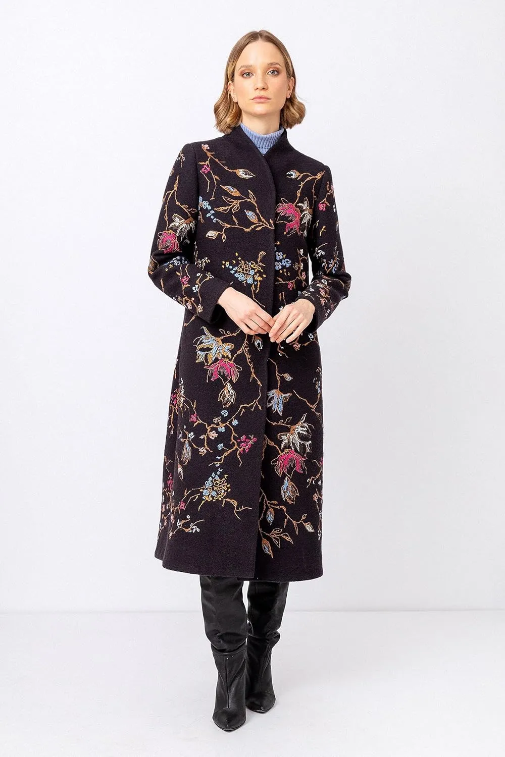 IVKO Boiled Wool Japanese Cherry Blossom Floral Embroidery Coat in Black Extrafine Merino Wool Winter Jacket Peacoat Trench