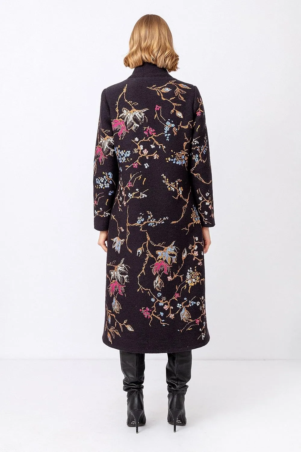 IVKO Boiled Wool Japanese Cherry Blossom Floral Embroidery Coat in Black Extrafine Merino Wool Winter Jacket Peacoat Trench