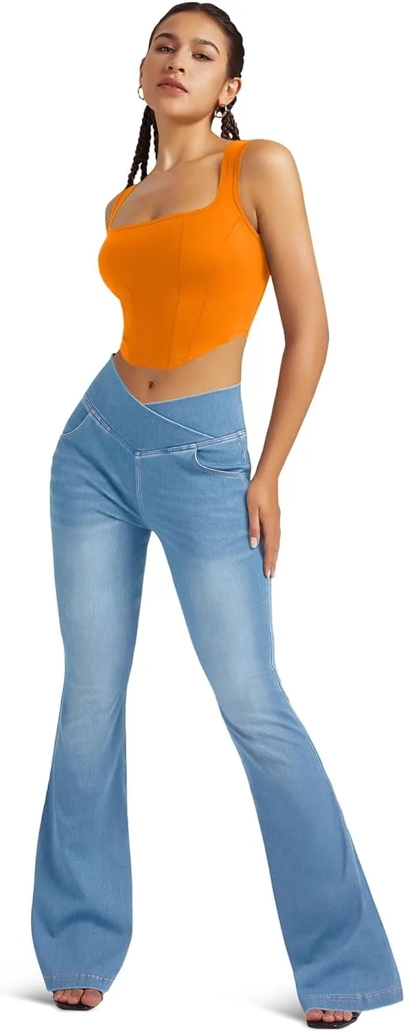 Knit Stretchy Jean Leggings for Women with Crossover High Waisted Bell Bottom Yoga Pants Flare Leggings with Pockets