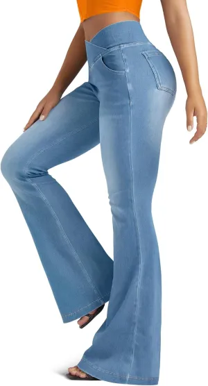 Knit Stretchy Jean Leggings for Women with Crossover High Waisted Bell Bottom Yoga Pants Flare Leggings with Pockets