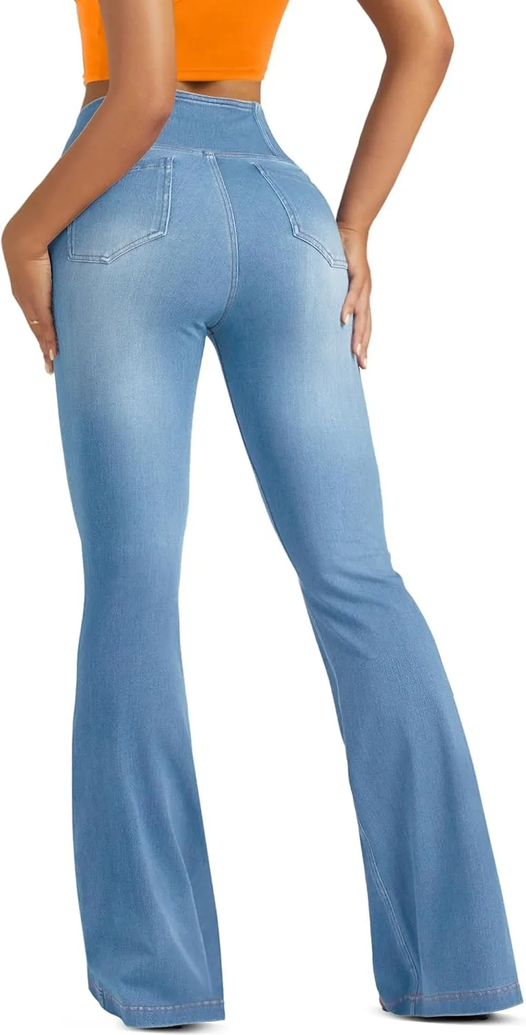 Knit Stretchy Jean Leggings for Women with Crossover High Waisted Bell Bottom Yoga Pants Flare Leggings with Pockets