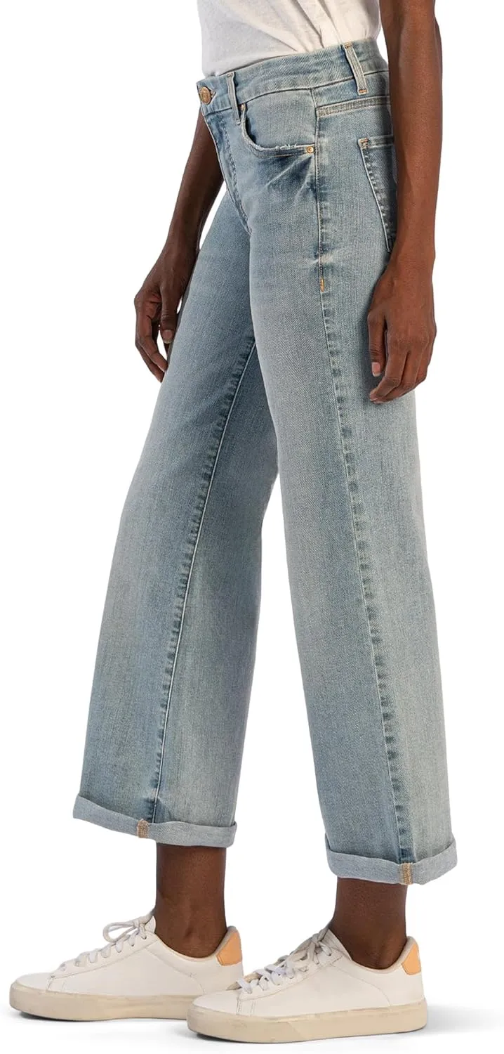 KUT from the Kloth Meg Mid Rise Wide Leg Roll-Up Long Inseam Jeans in Check