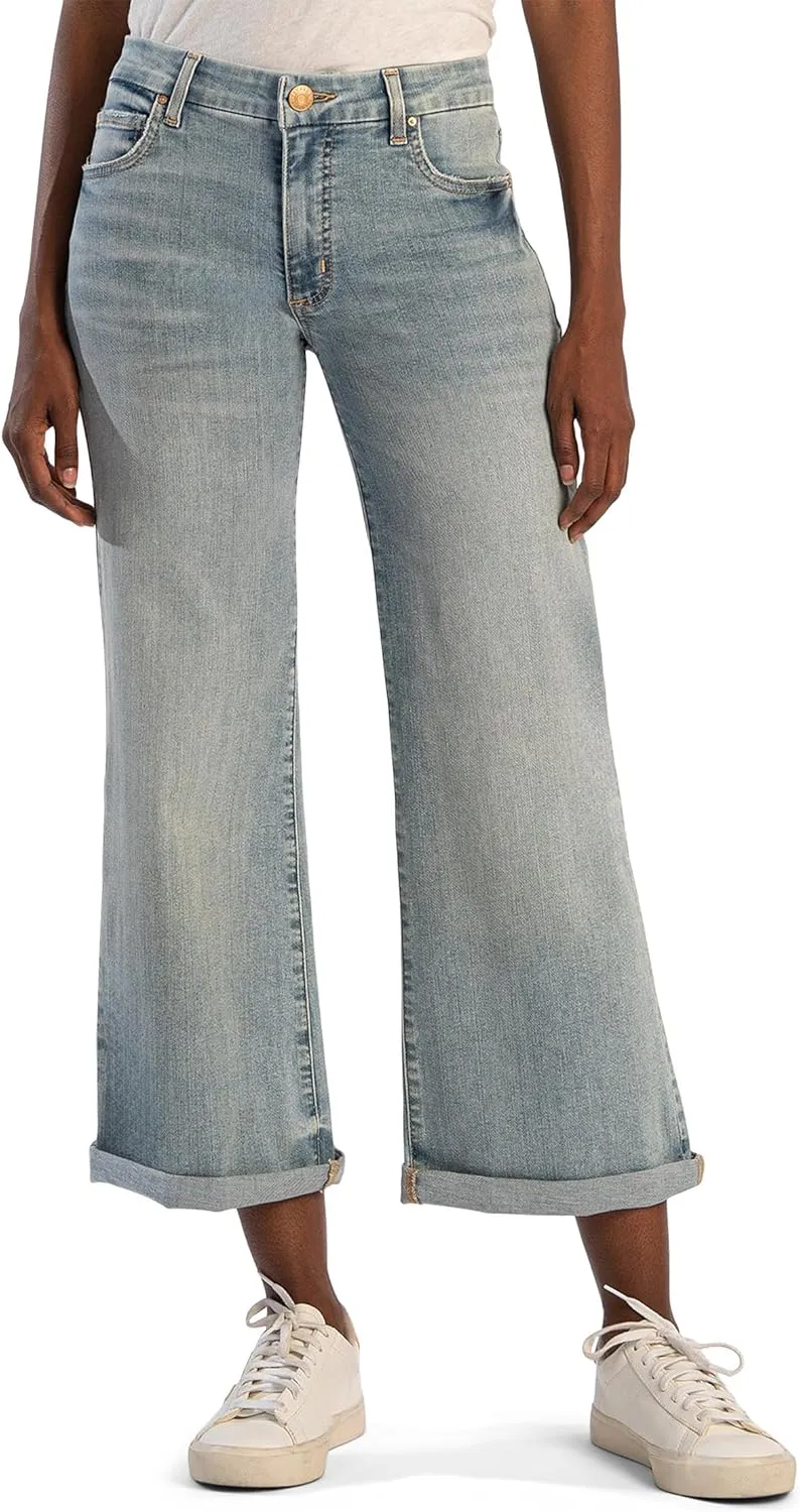 KUT from the Kloth Meg Mid Rise Wide Leg Roll-Up Long Inseam Jeans in Check