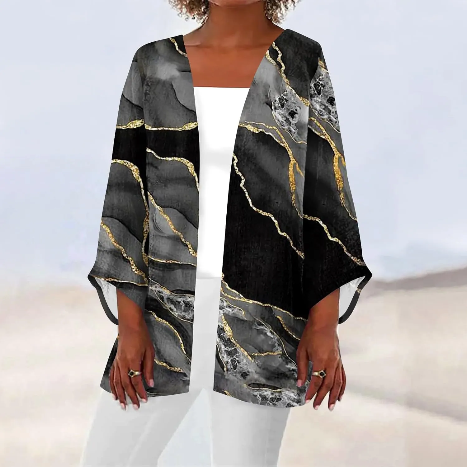 Lightweight Cardigans for Women 3/4 Sleeve Trendy Open Front Cardigan Floral Printed Comfy Dressy Cardigans