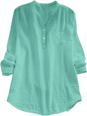 Linen Gauze Shirts Women 2025 Summer Long Sleeve Button Down Vneck Casual Tee Lightweight Vacation Going Out Blouses