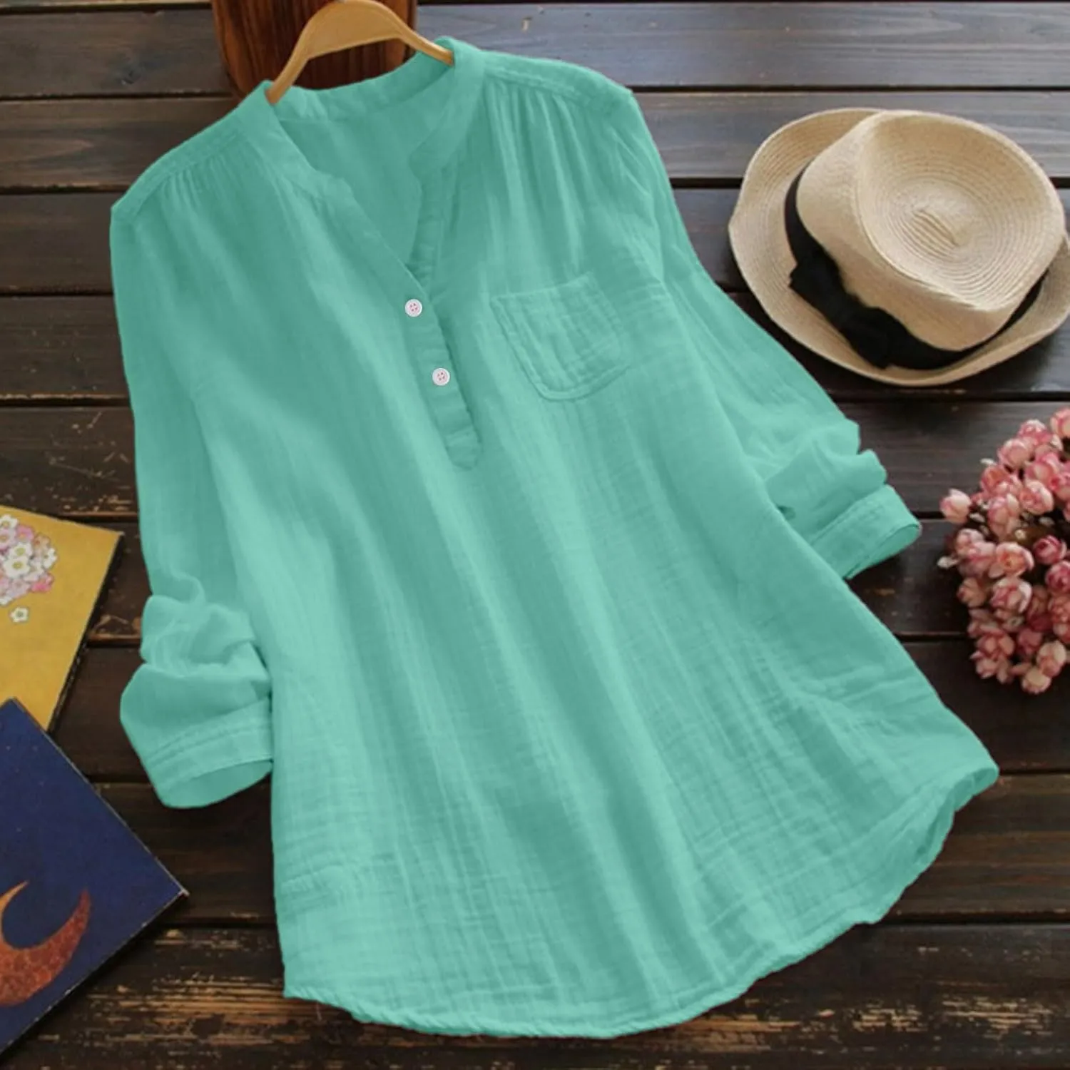 Linen Gauze Shirts Women 2025 Summer Long Sleeve Button Down Vneck Casual Tee Lightweight Vacation Going Out Blouses