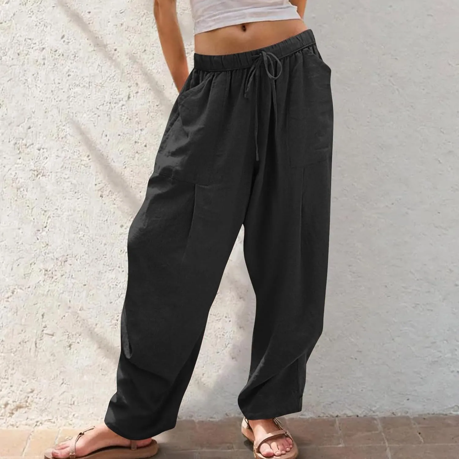 Linen Pants for Women Summer 2025 Casual Loose Fit Elastic Waist Lightweight Wide Leg Plus Size Lounge Long Trousers
