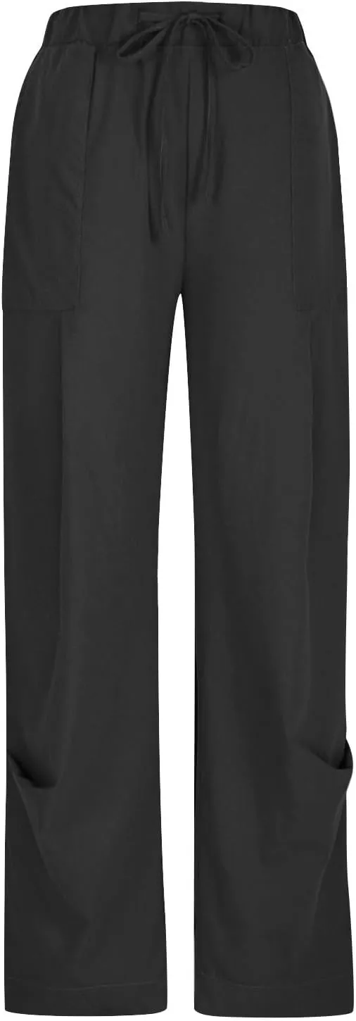 Linen Pants for Women Summer 2025 Casual Loose Fit Elastic Waist Lightweight Wide Leg Plus Size Lounge Long Trousers