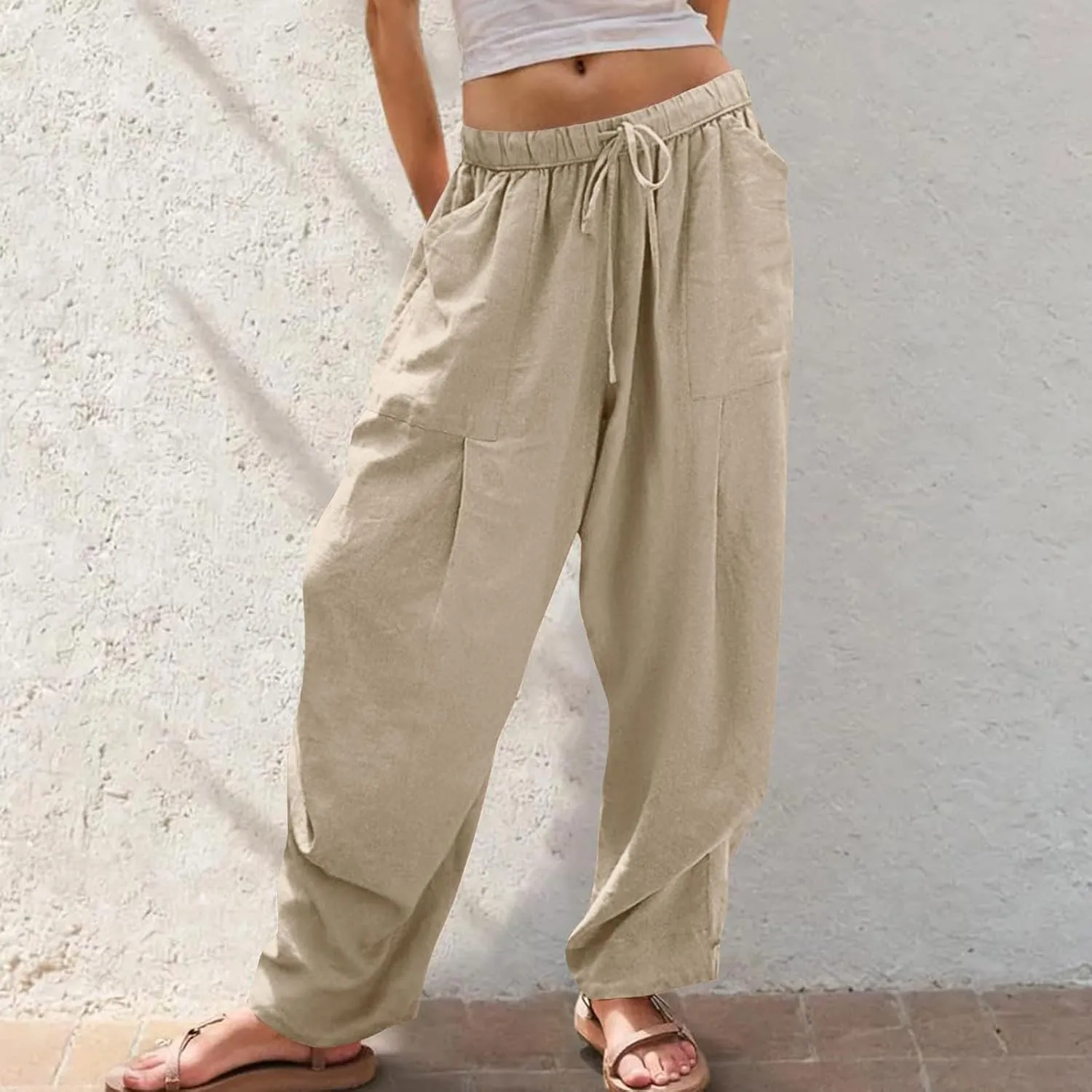 Linen Pants for Women Summer 2025 Casual Loose Fit Elastic Waist Lightweight Wide Leg Plus Size Lounge Long Trousers